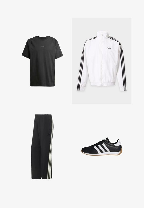 Weisse Jacke mit Reißverschluss, schwarze Streifen an den Ärmeln und schwarzes Adidas-Logo auf der linken Brust.; Schwarz Baumwoll-T-Shirt mit kurzen Raglanärmeln, das ein dezentes eingeprägtes Logo auf der Brust und eine durchgehend glatte Textur aufweist.; Schwarze Adidas Trainingshose mit elastischem Bund und drei weißen Streifen entlang der Außenseite jedes Beins.; Schwarzer Low-Top-Sneaker mit weißen drei Streifen, schwarzen Schnürsenkeln, weißem Fersenlasche und gumifarbener Sohle, von der Seite betrachtet.