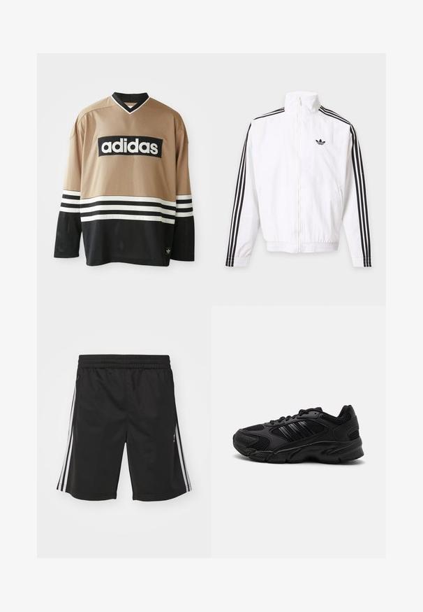 Biela bunda na zips s čiernymi pruhmi na rukávoch a čiernym logom Adidas na ľavej strane hrude.; Dlhý rukáv športovej dresy Adidas v béžovej a čiernej farbe s bielymi pruhmi, sieťovina a logo Adidas na hrudi a dolnom leme.; Čierne športové šortky s elastickým pásom, so vzorom bielych pruhov po stranách a hladkou textúrou tkaniny. Bez ďalších ozdôb.; Čierne športové topánky s kombináciou priedušnej sieťoviny a syntetických materiálov. Výrazná štruktúrovaná podrážka a tri čierne pruhy na strane.