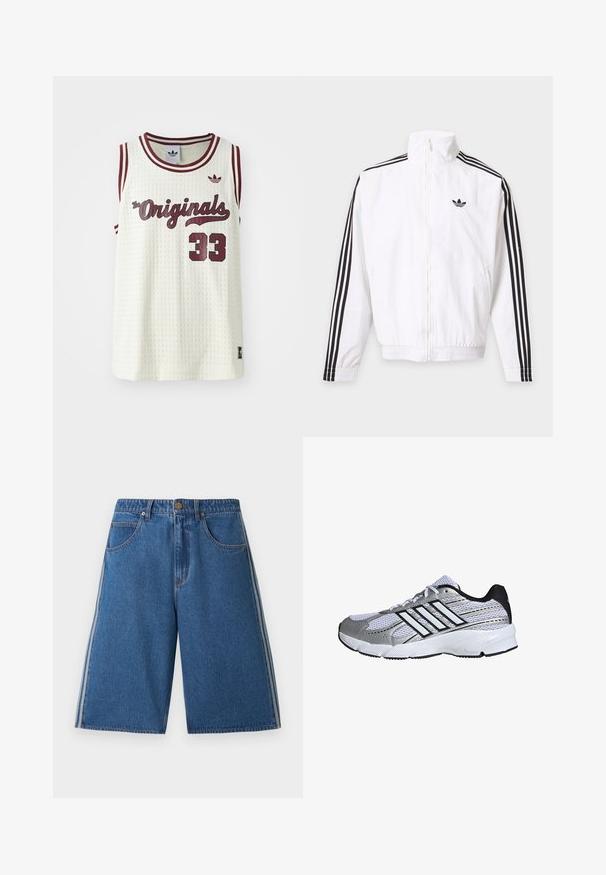 Biela bunda na zips s čiernymi pruhmi na rukávoch a čiernym logom Adidas na ľavej strane hrude.; Biely sieťovaný bezrukávový dres s marhuľovými akcentmi, textom "The Originals", číslom 33 a malým logom na ľavom prse.; Modré rifľové šortky po kolená s prednými vreckami, zapínaním na gombíky, pútkami na opasok a bielymi pruhmi na bokoch každej nohy.; Mriežkovaná športová obuv v bielej a striebornej farbe, s čiernymi detailmi, logom troch bielych pruhov, polstrovaným golierom a textúrovanou gumovou podrážkou.