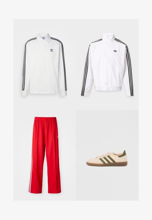 Biela bunda na zips s čiernymi pruhmi na rukávoch a čiernym logom Adidas na ľavej strane hrude.; Biela polo košeľa s dlhým rukávom so klasickým golierom, čiernymi trojpruhovými akcentmi pozdĺž rukávov a malým čiernym logom na hrudi.; Červené športové nohavice vyrobené z ľahkej tkaniny, s elastickým pásom, dvoma bielymi bočnými prúžkami a malým logom na boku.; Nízky béžový tenisky Adidas Spezial so zelenými pruhmi, gumovou podrážkou a nápisom „SPEZIAL“ na boku, zobrazené z vonkajšej strany.