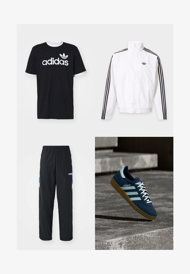 Hvid lynlåsjakke med sorte striber ned ad ærmerne og et sort Adidas-logo på venstre bryst.; Sort bomulds T-shirt med hvid rund halsudskæring og ærmekanter. Har stort hvidt "adidas" logo og trefoil emblem på fronten.; Sorte træningsbukser med elastisk talje, prydet med blå og hvide grafiske detaljer på siderne og et broderet logo.; Blå Adidas Spezial sneaker med hvide striber og snørebånd, gummisål, svævende over en ru betongoverflade og trin i baggrunden.
