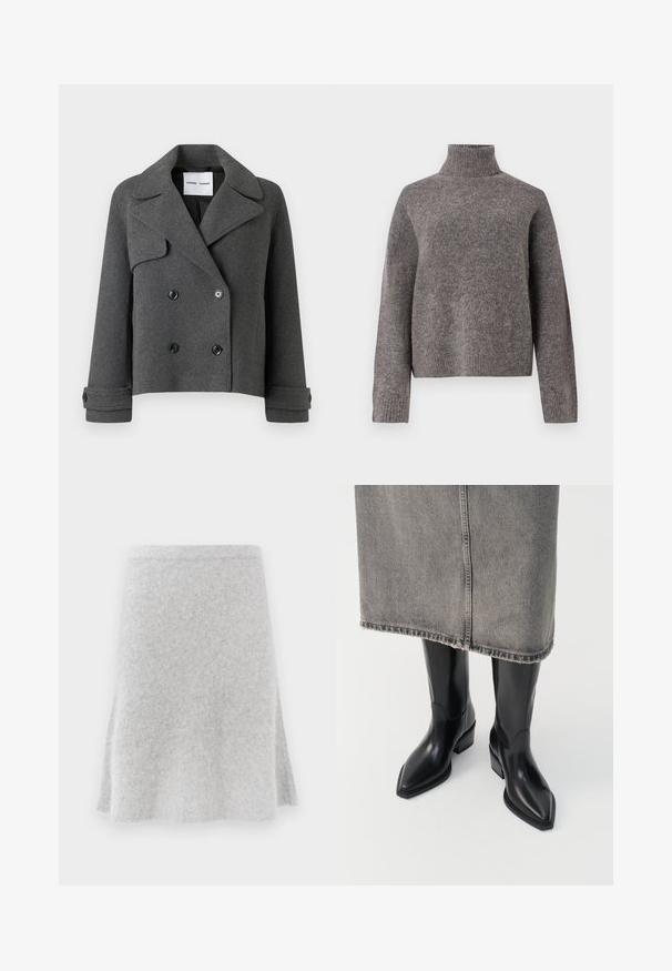 Grau melierte, doppelt geknöpfte Jacke mit großen Revers, schwarzen Knöpfen und umgeschlagenen Manschetten. Strukturiertes Design, cropped Länge.; Grauer Rollkragenpullover aus weichem Strickmaterial, mit langen Ärmeln und lockerer Passform, mit geripptem Design an den Bündchen und dem Saum.; Grauer gestrickter Rock mit einem ausgestellten Design, weicher Textur und einem bequemen Bund. Der Stoff wirkt warm und geeignet für legere Kleidung.; Schwarze Leder-Cowboystiefel mit spitzem Fuß und klobigem Absatz, die ein glattes Finish und ein elegantes Design aufweisen, kombiniert mit einem grauen Rock.