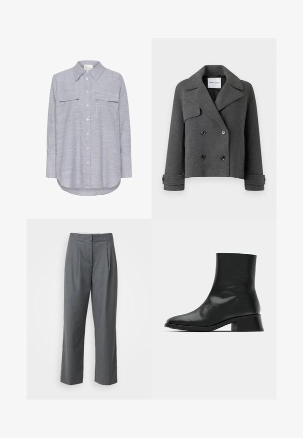Grå uld-blend dobbeltbrystet jakke med store kraver, sorte knapper og foldedde manchetter. Struktureret design, cropped længde.; Stribet skjorte i blå og hvid. Har en klassisk krave, to brystlommer og lange ærmer med knapmanchetter.; Grå skræddersyede bukser med lige ben, der har en glat tekstur, frontfoldninger og sidelommer. Ingen synlig hardware eller detaljer.; Sort ankelstøvle lavet af blank læder, med et strømlinet design, spids tå og en moderat blokhælhøjde for stabilitet.