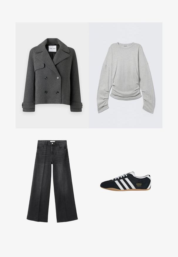 Grå uld-blend dobbeltbrystet jakke med store kraver, sorte knapper og foldedde manchetter. Struktureret design, cropped længde.; Lysegrå langærmet t-shirt med afslappet pasform, rund halsudskæring og detaljer med rynker i siden, lavet af blødt bomuldsstof.; Sorte denimjeans med vide ben og højtaljet pasform, med fem lommer, knaplukning og diskrete slidte detaljer for tekstur.; Sort ruskinds sneaker med hvide tre striber, guldlogo og en brun gummisål. Har et lavprofil snørebåndsdesign.