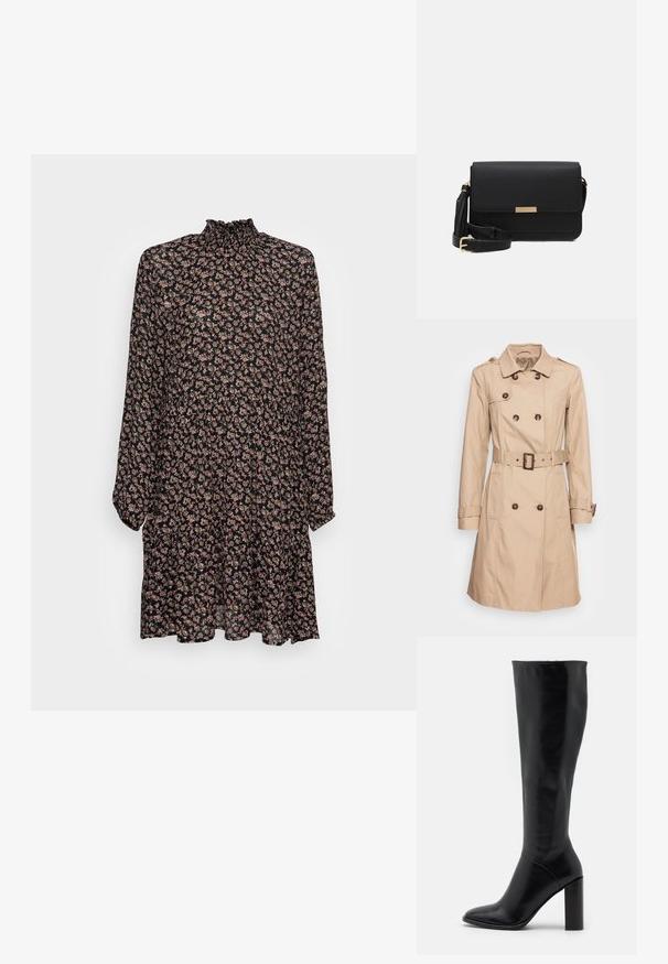 Soyaconcept SC-LORA 5 - Trenchcoat - camel; Sort blomsterkjole med lange ærmer, samlet hals og flagrende kant. Har små rosa og cremefarvede blomster på en mørk baggrund.; Knæhøje sorte læderstøvler med spids tå og kraftig hæl. Glat tekstur med minimale detaljer og et tætsiddende skaftdesign.; Sorte læder crossbody taske med flaplukning, guldfarvede Hardware, justerbar rem og tekstureret overflade. Kompakt rektangulær form.