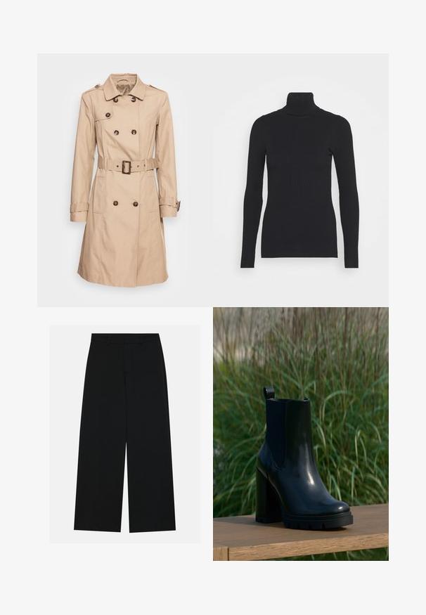 Soyaconcept SC-LORA 5 - Trenchcoat - camel; Schwarzer gerippter Rollkragenpullover, der lange Ärmel und eine figurbetonte Silhouette bietet. Die Textur ist glatt mit einem horizontalen Rippenmuster.; Schwarzweite Hosen mit weitem Bein aus glattem Stoff. Besitzt einen flachen Bund mit Gürtelschlaufen und ohne sichtbare Taschen. Schlichtes Design.; Schwarze, glänzende Leder-Ankle-Boots mit klobigem hohen Absatz und Zuglasche, präsentiert auf einer Holzoberfläche vor einem Hintergrund aus hochgewachsenem grünem Gras.