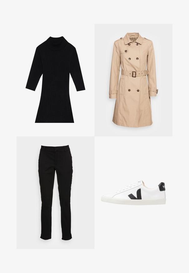 Soyaconcept SC-LORA 5 - Trench - camel; Robe en tricot côtelé noir avec un col montant et des manches trois-quarts, présentant une silhouette ajustée qui s'évase au niveau de l'ourlet.; Pantalons en coton noir avec une coupe slim, jambes droites, passants de ceinture et poches avant. Texture lisse avec des détails de couture subtils.; Baskets blanches avec un logo V noir, présentant un dessus en cuir lisse, un bout rond, un système de laçage et un empiècement au talon noir contrastant.