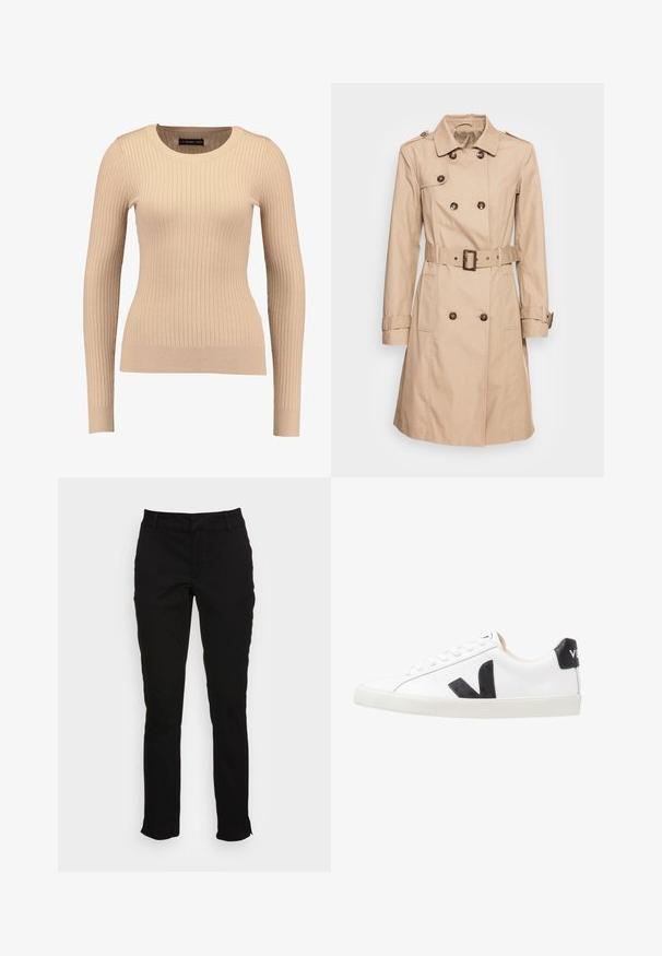 Soyaconcept SC-LORA 5 - Trenchcoat - camel; Geribbelde lange mouwen trui in lichtbeige, gemaakt van rekbaar materiaal. Kenmerkt zich door een ronde halslijn en een getailleerde pasvorm met gebande mouwen.; Zwarte katoen broek met een slim fit, rechte pijpen, riemlussen en voorzakken. Smooth textuur met subtiele stikseldetails.; Witte sneaker met een zwart V-logo, voorzien van een gladleren bovenwerk, ronde neus, vetersluiting en een contrasterende zwarte hieltab.