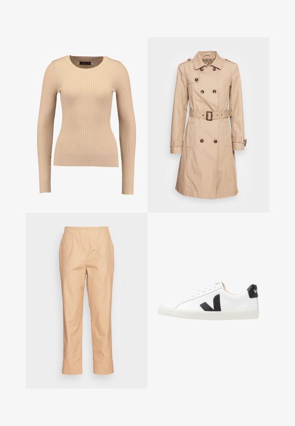 Soyaconcept SC-LORA 5 - Trenchcoat - camel; Ribbet langærmet sweater i lys beige, lavet af strækbart stof. Har en rund halsudskæring og tætsiddende silhuet med ribbede manchetter.; OPUS MAILI - Bukser - sweet almond; Hvide sneakers med et sort V-logo, der har en glat læderoverdel, rund tå, snørrelukning og en kontrasterende sort hælflap.