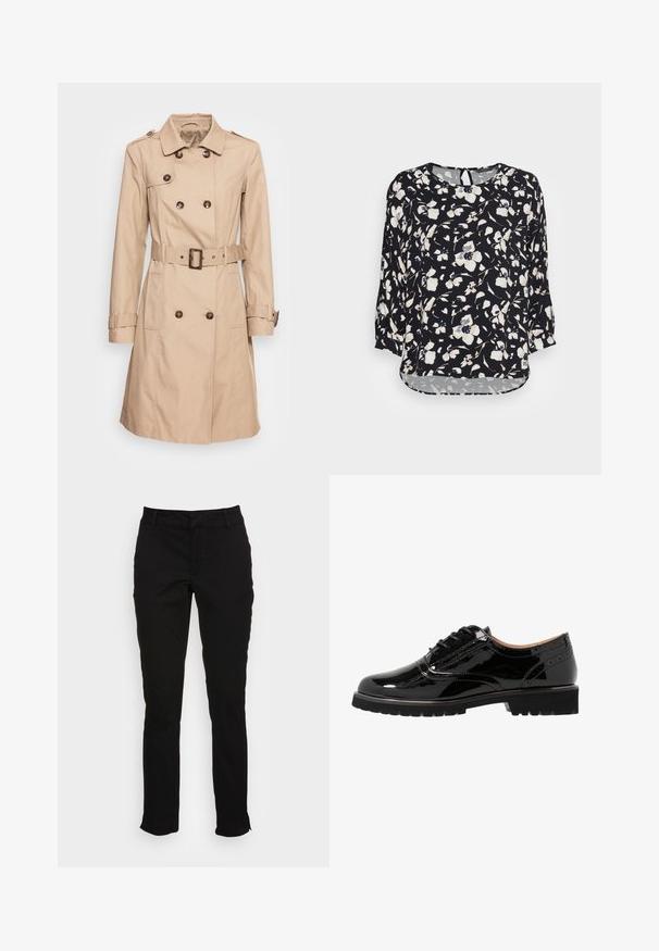 Soyaconcept SC-LORA 5 - Trenchcoat - camel; mine to five TOM TAILOR BLOUSE BATSLEEVE - Bluse - black/beige; Sorte bomuldsbukser med en slim fit, lige ben, bæltestropper og forlommer. Glat tekstur med diskrete stikninger.; Lave sorte patenterede lædersko med snørebånd, rund tå, brogue-detaljer, gummisål og en struktureret finish. Akkorderet med små øjer.