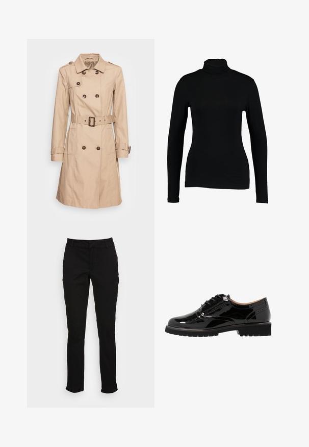 Soyaconcept SC-LORA 5 - Trenchcoat - camel; Sort langærmet turtleneck top lavet af glat stof, med et tætsiddende design og høj hals, velegnet til lag-på-lag brug eller som en selvstændig beklædningsgenstand.; Sorte bomuldsbukser med en slim fit, lige ben, bæltestropper og forlommer. Glat tekstur med diskrete stikninger.; Lave sorte patenterede lædersko med snørebånd, rund tå, brogue-detaljer, gummisål og en struktureret finish. Akkorderet med små øjer.