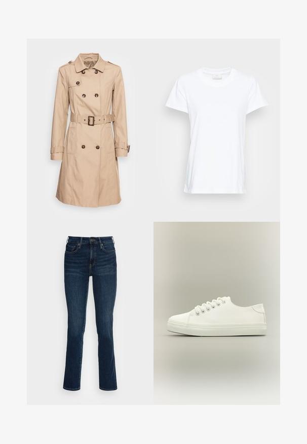 Soyaconcept SC-LORA 5 - Trenchcoat - camel; Hvid kortærmet t-shirt lavet af blød bomuld. Har en rund halsudskæring og en let løs pasform med sideslidser for ekstra komfort.; Mørkeblå denimjeans med en tætsiddende design, høj talje, lige ben og kobberhardware accenter. Glat tekstur med minimal falmning.; Hvid lavtop sneaker med hvide snørebånd og gummisål vist fra siden på en neutral baggrund.