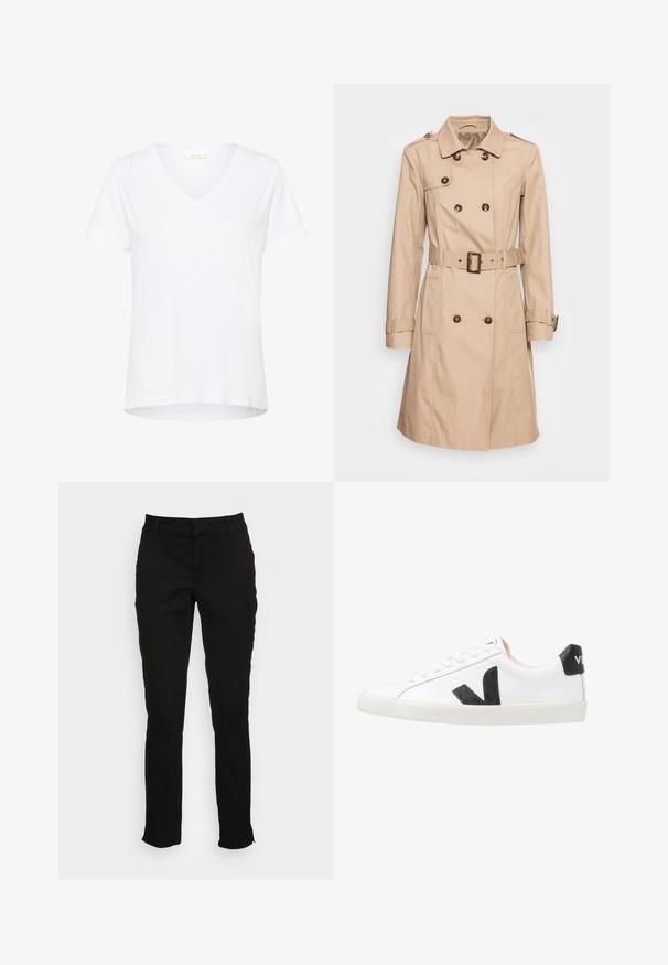 Soyaconcept SC-LORA 5 - Trench - camel; T-shirt blanc à manches courtes avec un col en V, en tissu doux, doté d'une coupe décontractée et d'un ourlet droit avec des détails de couture minimaux.; Pantalons en coton noir avec une coupe slim, jambes droites, passants de ceinture et poches avant. Texture lisse avec des détails de couture subtils.; Baskets blanches avec un logo V noir, présentant un dessus en cuir lisse, un bout rond, un système de laçage et un empiècement au talon noir contrastant.