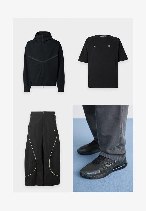Sort atletisk jakke med høj krave, lynlås foran og reflekterende grå striber på skuldrene. Fremstillet af glat, let materiale.; Sort Nike sportstrøje med korte ærmer med hvid swoosh-logo på venstre bryst og lille firkantet emblem på højre bryst, ensfarvet baggrund.; Sorte Nike bukser med brede ben, med neon-grøn buet piping og lille Nike swoosh-logo på højre lår, knap- og lynlåslukning i taljen.; Sorte Nike træningssko med en struktureret overdel, perforerede detaljer og en synlig luftdæmpningsenhed, parret med grå bukser.