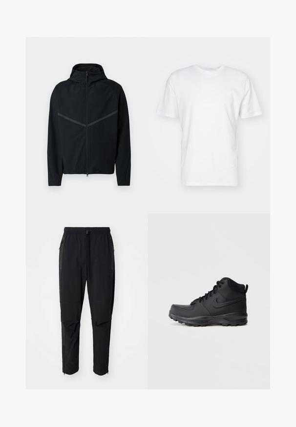 Schwarze Sportjacke mit hohem Kragen, Frontreißverschluss und reflektierenden grauen Streifen auf den Schultern. Hergestellt aus glattem, leichtem Material.; Weißes Baumwoll-T-Shirt mit kurzen Ärmeln, Rundhalsausschnitt und glatter Textur. Einfaches Design ohne Muster oder Grafiken.; Schwarze, leichte outdoor Hosen mit elastischem Bund und verstellbarem Zugschnur. Ausgestattet mit Reißverschlusstaschen und tapered Bündchen.; Schwarze High-Top-Sneaker mit einem glatten synthetischen Obermaterial, runder Zehenpartie, gepolstertem Schaft und strukturiertem Gummisohle. Verfügt über ein Schnürdesign und ein Logo-Element.