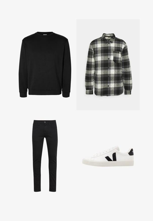 Zwart, wit en grijs geruite overhemd met een knoopsluiting, lange mouwen, borstzak en gewatteerde textuur. Voorzien van een ronde kraag.; Zwarte lange mouwen crewneck sweatshirt met geribde boorden en zoom, eenvoudig ontwerp zonder zichtbare logo's of patronen.; Zwarte skinny jeans gemaakt van lichtgewicht stof, met een knoopsluiting aan de voorkant, vijf zakken en subtiele stikdetails.; Witte leren sneaker met zwarte suède accenten; voorzien van een rubberen zool, ronde neus en een klassieke vetersluiting. Zijkant met logo in het zwart.