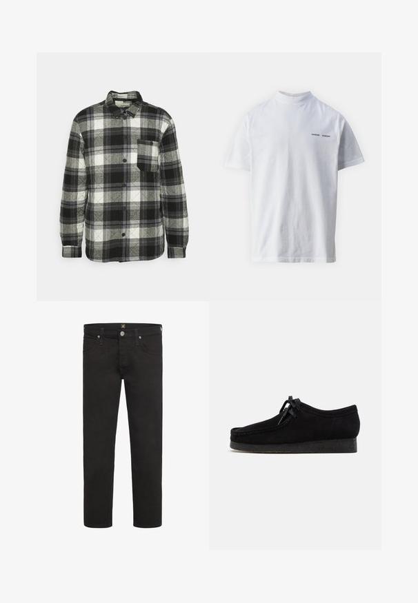 Schwarz-weiß-graues Karomuster-Hemd mit Knopf-Design, langen Ärmeln, Brusttasche und ge quilteter Textur. Verfügt über einen abgerundeten Kragen.; Weißes Baumwoll-T-Shirt mit hohem Ausschnitt und kurzen Ärmeln. Mit schwarzem "SAMSØE SAMSØE" Logo auf der Vorderseite. Glatte Textur.; Schwarze gerade geschnittene Jeans mit Knopf- und Reißverschluss, Vorder- und Gesäßtaschen sowie Gürtelschlaufen von der Marke Lee.; Schwarze Wildlederschuhe mit rundem Zehendesign, einer Schnürfront und einer strukturierten schwarzen Gummisohle. Glattes Obermaterial mit dezenten Nahtdetails.
