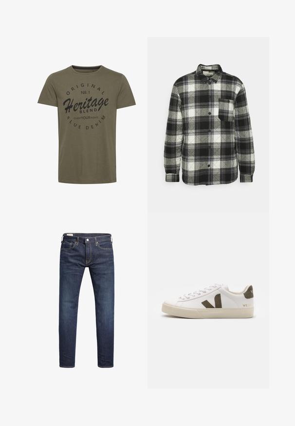 Camisa de cuadros en negro, blanco y gris con diseño abotonado, mangas largas, bolsillo en el pecho y textura acolchada. Presenta un cuello redondeado.; Camiseta de algodón verde oliva con cuello redondo, que presenta texto impreso en negro: "Original No. 1 Heritage Blend Claim Your Rights" en un diseño circular.; Vaqueros ajustados de color azul oscuro con cierre frontal de botón y cremallera, cinco bolsillos y detalles de costura amarilla.; Zapatillas de cuero blanco con una suela de goma beige claro. Presenta un logo en forma de V de gamuza marrón y una pestaña en el talón. Cierre con cordones y superficie texturizada.