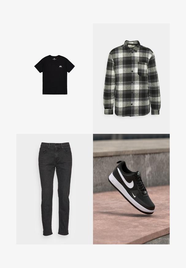 Black, white, and gray plaid shirt with a button-up design, long sleeves, chest pocket, and quilted texture. Features rounded collar.; Black short-sleeve T-shirt made of cotton. Features a small white logo on the left chest and a tag on the side seam. Simple design.; Black denim jeans with a fitted cut, featuring five pockets, belt loops, and subtle stitching details. Distressed texture along the fabric.; Black and white Nike Air Force 1 sneaker suspended above a pink concrete surface with a grey stone background.