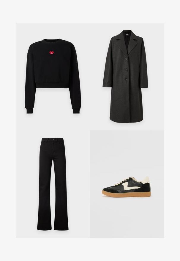 Manteau long en laine gris foncé avec de larges revers et trois boutons noirs sur le devant, présenté sur un fond blanc.; Sweat-shirt noir court à manches longues, avec des poignets côtelés et un patch en forme de cœur rouge portant le texte "LOVE YOU CLUB" sur la poitrine.; Jeans noirs à taille haute, jambes droites, avec poches avant, passants pour ceinture, fermeture par bouton, et ourlets légèrement évasés sur fond blanc.; Baskets en daim et cuir noir avec un swoosh latéral crème et un talon crème clair. Dotées de lacets beige et d'une semelle en caoutchouc gomme.