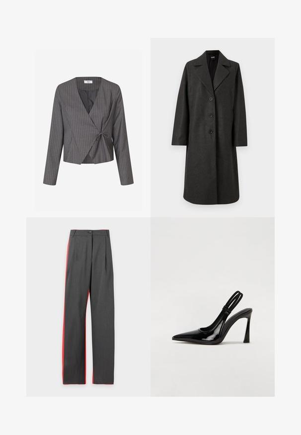Manteau long en laine gris foncé avec de larges revers et trois boutons noirs sur le devant, présenté sur un fond blanc.; Blazer court gris à fines rayures, manches longues, croisé avec nouage sur le côté, doublure intérieure noire visible au niveau du décolleté.; Pantalon droit gris foncé, coupe slim, avec fermeture par bouton et zip, et bandes latérales rouges sur fond blanc.; Escarpin en cuir verni noir à talon aiguille, à bout pointu, avec une sangle élastique double pour un maintien sécurisé. Surface lisse et brillante.