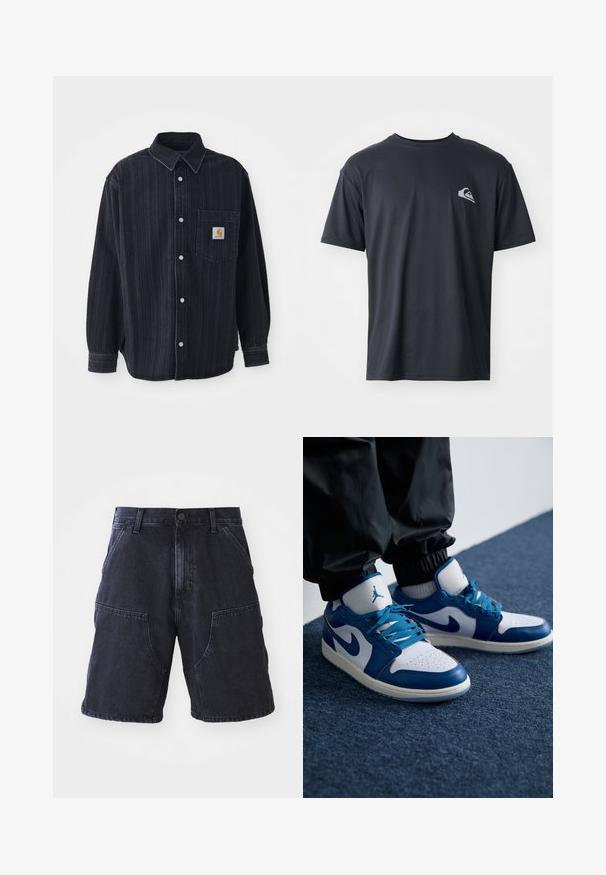 Sort denimskjorte med lodrette striber, knap-lukning foran og en brystlomme med et logo-patch. Lange ærmer med knapmanchetter.; Sort kortærmet T-shirt lavet af et glat stof, med et lille hvidt logo på venstre brystområde. Almindelig pasform med rund hals.; Mørke denim shorts med lige snit, store forlommer og knaplukning; glat tekstur og minimale syninger.; Nike Air Jordan sneakers har en hvid læderbase med blå syntetiske detaljer, en perforeret tåboks og blå snørebånd.