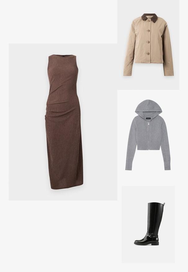Beige jakke med en brun kordfløjelkrave, fem knaplukninger foran, to sidelommer og lange ærmer. Glat stofstruktur.; Grå cropped zip-up hættetrøje i blødt strikmateriale. Har en hætte, ribbet kant og manchetter samt detaljer med sølv lynlås.; Ærmeløs, lang brun kjole med tekstureret, krøllet stof og tætsiddende silhuet, der går ned til anklerne.; Sorte knæhøje støvler lavet af blankt læder med en sølvfarvet spænde ved anklen og rundet snude. Flad sål.