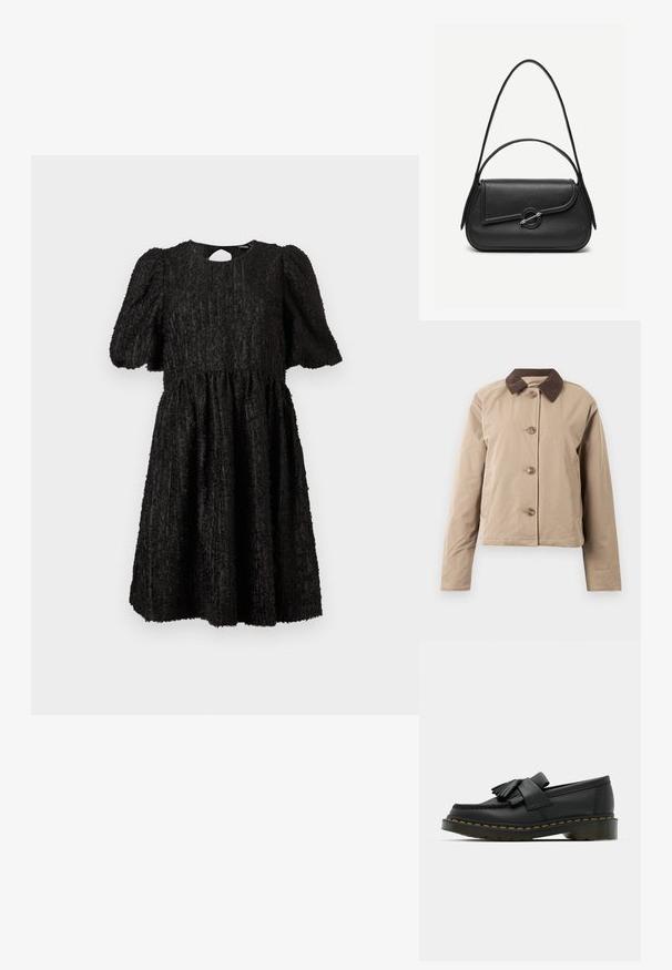 Beige jakke med en brun kordfløjelkrave, fem knaplukninger foran, to sidelommer og lange ærmer. Glat stofstruktur.; Sort tekstureret midikjole med puffede korte ærmer, rund halsudskæring og en sammensnøret talje, der skaber en udvidet skørt silhuet.; Sorte læder loafers med rund tå, der har frynse detaljer og et dekorativt bånd på tværs af fronten, sat på en kraftig hæl.; Sort læderhåndtaske med afrundede kanter, asymmetrisk klap, metalcirkulært spænde samt både korte og lange skulderstropper.