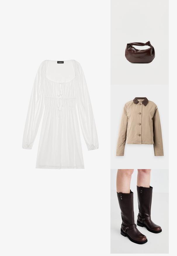 Beige jakke med en brun kordfløjelkrave, fem knaplukninger foran, to sidelommer og lange ærmer. Glat stofstruktur.; Hvid langærmet kjole med firkantet udskæring, samlet talje med snøring og flydende skørt, lavet af letvægts, glat stof.; Brune læder knæ-høje støvler med en glat tekstur, der har en bred rem og trekantede metal detaljer samt flade gummisåler.; Mørkebrun læder skuldertaske med en blød, afslappet form og et snoet knudehåndtag på en ensartet hvid baggrund.