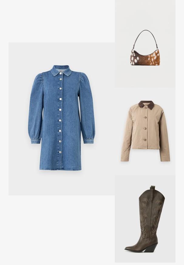 Beige jakke med en brun kordfløjelkrave, fem knaplukninger foran, to sidelommer og lange ærmer. Glat stofstruktur.; Denimkjole med lange puffede ærmer, knapåbning foran, krave og lige snit. Blåt stof med en glat overflade.; Brune læder cowboystøvle med spids tå, kilehæl og dekorativ broderi. Har en høj stok og en trækflap.; Skuldertaske med brun og hvid pletmønstret imiteret pels og en tynd sort rem, vist på en hvid baggrund.