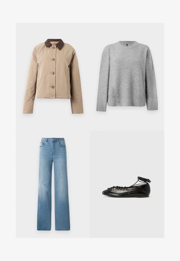 Beige Jacke mit einem braunen Cordkragen, fünf Knöpfen an der Vorderseite, zwei seitlichen Taschen und langen Ärmeln. Glatte Stoffoberfläche.; Grauer gestrickter Pullover mit Rundhalsausschnitt, geripptem Saum und seitlichen Knöpfen als Detail. Weiche Textur und lockere Passform.; Helleblaue hochtaillierte Jeans mit geradem Bein. Aus Denim gefertigt, mit fünf Taschen und einem Knopfverschluss.; Schwarze Ballerinas aus Lackleder mit runder Spitze, Schnürdesign und flacher Sohle. Glatte Textur mit minimaler Verzierung.