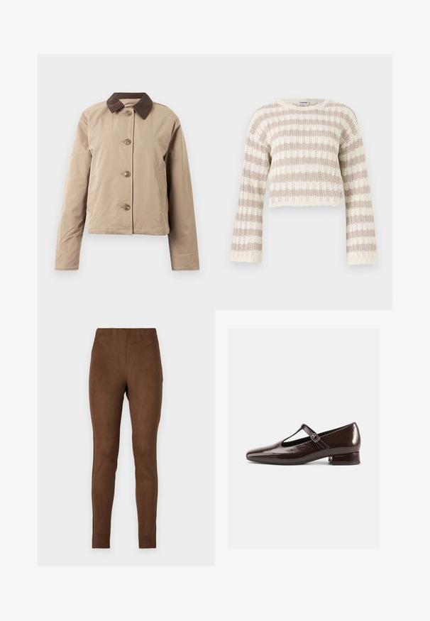 Beige jakke med en brun kordfløjelkrave, fem knaplukninger foran, to sidelommer og lange ærmer. Glat stofstruktur.; Hæklet striktrøje i beige og creme, med brede ærmer, vandrette striber og en cropped design med bølgede kanter.; Brune leggings lavet af et blødt, sued-lignende materiale; tætsiddende design, glat tekstur og elastisk talje for komfort.; Brune Mary Jane-sko i laklæder med en rundet tå, udskæringsdesign og justerbar rem. Lav blokhæl.