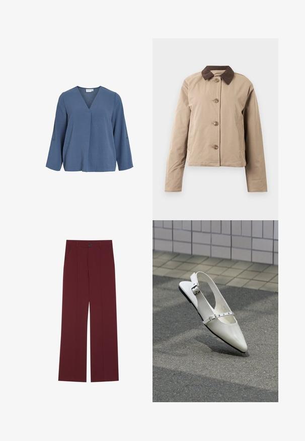 Beige jakke med en brun kordfløjelkrave, fem knaplukninger foran, to sidelommer og lange ærmer. Glat stofstruktur.; Lyseblå bluse med lange ærmer, V-hals og blød krøllet tekstur. Har knapdetaljer på ærmerne og en let afslappet pasform.; Bordeauxbukser med bred ben-design, der har en knaplukning, to sidelommer og plissee detaljer foran. Glat stofstruktur.; Hvid spids slingback flad sko med to sølvspænder, vist udendørs på tekstureret underlag og flisebelagt væg baggrund.