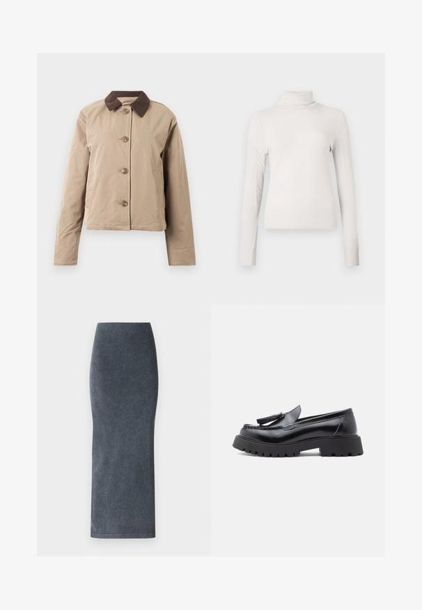 Chaqueta beige con un cuello de pana marrón, cierre frontal de cinco botones, dos bolsillos laterales y mangas largas. Textura de tela suave.; Top de punto acanalado color crema de manga larga y cuello alto con una silueta ajustada sobre un fondo blanco liso.; Falda lápiz de mezclilla en azul oscuro. Presenta una silueta ajustada, diseño recto y una textura suave con sutiles detalles acanalados.; Mocasines de cuero negro con diseño cónico, adorno de borlas y suela gruesa de goma con patrón de tacos para mayor tracción.