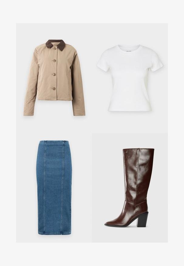 Beige jakke med en brun kordfløjelkrave, fem knaplukninger foran, to sidelommer og lange ærmer. Glat stofstruktur.; Hvid kortærmet tætsiddende T-shirt med rund hals, vist fladt med let synlige sidesømme.; Blå denim blyantskørt med lodrette sømme og høj talje, der går til under knæet, vist på en hvid baggrund.; Høj, mørkebrun læderstøvle med spids tå og stablet blokhæl, vist fra siden på en ensfarvet baggrund.