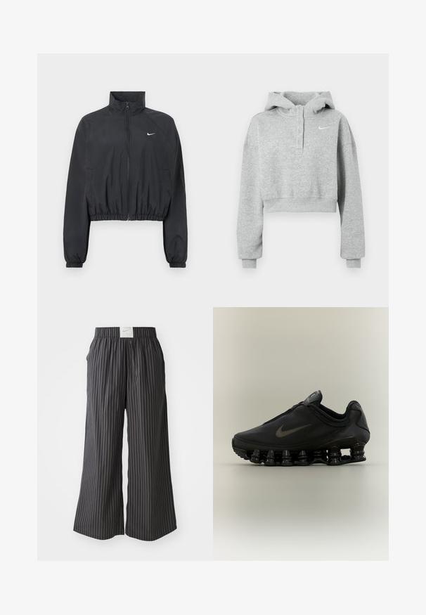 Chaqueta corta negra fabricada con una tela ligera y suave. Presenta un cuello alto, cremallera completa y puños elásticos con un detalle de logotipo blanco.; Sudadera corta gris hecha de tela suave, con cuello abotonado, mangas largas y un pequeño logo de Nike en el pecho.; Pantalones de pierna ancha a rayas negras y grises con una cinturilla elástica y una etiqueta con el logo de Nike en la parte trasera. Tela ligera, diseño de ajuste holgado.; Zapatilla negra Nike con parte superior con cremallera y suela distintiva segmentada en forma de resorte, mostrada de perfil sobre un fondo neutro.