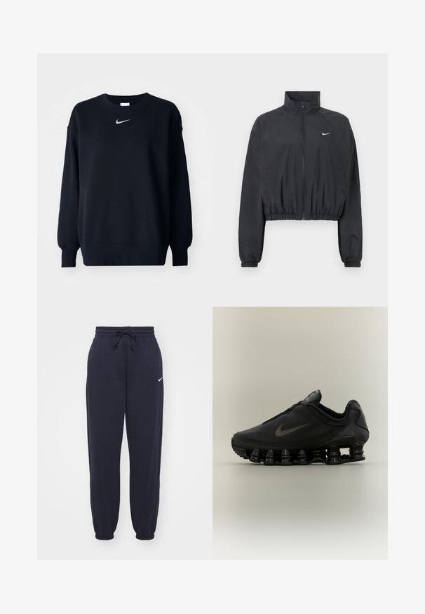 Sort cropped jakke lavet af let, glat stof. Har en høj krave, fuld lynlås og elastiske manchetter med en hvid logodetalje.; Sort sweatshirt lavet af bomuldsblanding; ribbet rund hals, lange ærmer og elastiske manchetter; har et lille sølvfarvet Nike-logo på brystet.; Nike joggingbukser i navyblå, lavet af blødt materiale. Har en elastisk talje med snor og manchetter ved anklerne. Lille hvidt logo accenter.; Sort Nike-sneaker med lynlåsfunktion øverst og karakteristisk fjederlignende opdelt sål, vist i sideprofil mod en neutral baggrund.