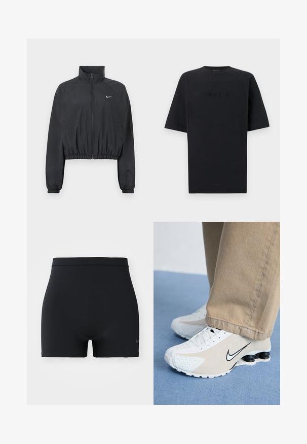 Chaqueta corta negra fabricada con una tela ligera y suave. Presenta un cuello alto, cremallera completa y puños elásticos con un detalle de logotipo blanco.; Camiseta negra de manga corta con cuello redondo y letras en relieve negras que dicen "NIKE" centradas en el pecho sobre un fondo liso.; Pantalones cortos deportivos negros hechos de un material suave y elástico, con una cinturilla de altura media y un pequeño logo de Nike en el lado izquierdo.; Zapatillas Nike blancas y beige con diseño perforado, logo de swoosh negro, parte superior texturizada y distintivo talón negro elástico.