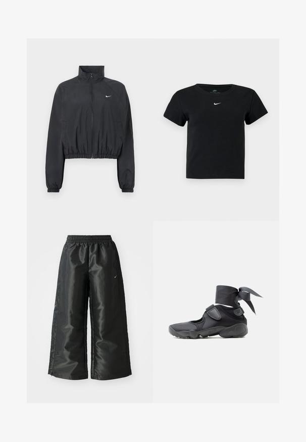 Sort cropped jakke lavet af let, glat stof. Har en høj krave, fuld lynlås og elastiske manchetter med en hvid logodetalje.; Sort ribbet t-shirt med korte ærmer, der har et lille hvidt Nike-logo på brystet og en rund halsudskæring.; Sorte sportsbukser i et blankt, glat stof med en elastisk talje, brede ben og et lille logo på venstre side.; Sort atletiksko med udskæringer, velcrolukninger og ankelrem bundet i en sløjfe, vist fra siden på en hvid baggrund.