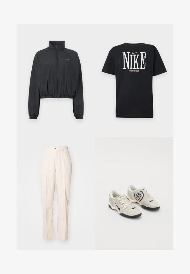 Musta lyhyt takki, valmistettu kevyestä, sileästä kankaasta. Siinä on korkea kaulus, kokopitkä vetoketju ja joustavat hihansuut, joissa on valkoinen logoyksityiskohta.; Musta lyhythihainen Nike-paita, jossa iso valkoinen "NIKE"-teksti, pieni kultainen Nike-logo yläpuolella ja "SPORTS CLUB" -teksti logon alla.; Beige, suorat lahkeet housut, jotka on valmistettu puuvillasekoitteesta. Sisältää kaksi etutaskua, napin kiinnityksen ja näkyviä ompeluyksityiskohtia.; Nike lenkkarit, joissa on beigen ja harmaan sävyinen teksturoitu päällinen, mustia yksityiskohtia, suuri "90" logo ja valkoinen nauhakiinnitys. Musta pohja.