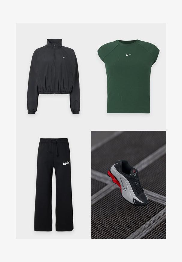 Schwarze, kurz geschnittene Jacke aus leichtem, glattem Stoff. Mit hohem Kragen, durchgehendem Reißverschluss und elastischen Bündchen mit weißem Logodetail.; Dunkelgrünes, geripptes, kurzärmliges Sportoberteil mit rundem Ausschnitt, das ein kleines weißes Nike-Swoosh-Logo auf der Brust trägt.; Schwarze Jogginghose aus weichem Material, mit elastischem Bund und Kordelzug sowie einem weißen Nike-Logo auf der linken Seite.; Schwarzer und grauer Sportschuh mit roter gepolsterter Sohle, schwarzen Schnürsenkeln und Swoosh-Logo, das auf einer Metallgitteroberfläche ruht.