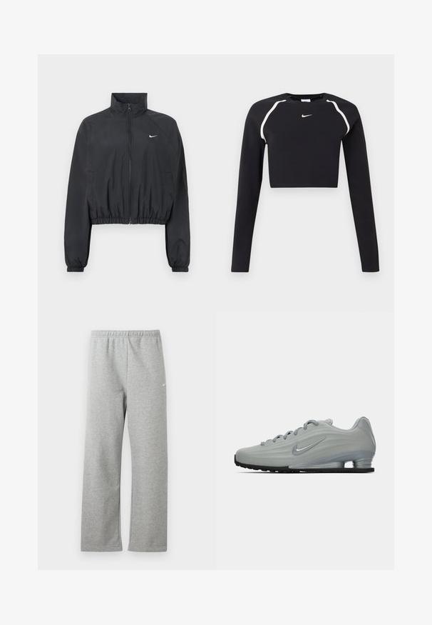Sort cropped jakke lavet af let, glat stof. Har en høj krave, fuld lynlås og elastiske manchetter med en hvid logodetalje.; Sort langærmet cropped sports top med hvide buede skulderstriber og lille hvid Nike swoosh-logo i midten af brystet.; Lysegrå joggingbukser med elastisk talje og lille hvidt Nike-logo på øverste lår, vist fladt mod en hvid baggrund.; Sidelæns udsigt af en lysegrå Nike sneaker med snørebånd, et swoosh-logo og en gennemsigtig sål med komfortabel dæmpning på en ensfarvet baggrund.