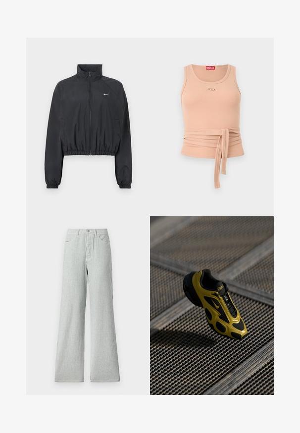 Veste courte noire en tissu léger et lisse. Comprend un col montant, une fermeture éclair intégrale et des poignets élastiques avec un détail logo blanc.; Débardeur beige côtelé avec encolure ronde, logo Diesel sur la poitrine, et une longue ceinture en tissu nouée autour de la taille sur un fond uni.; Pantalons larges à rayures fabriqués en tissu léger, avec des rayures verticales bleues et blanches, une taille haute et des poches avant.; Les baskets Nike présentent une tige en mesh noir avec des accents jaunes, un design texturé et une semelle distinctive avec des découpes, suspendue au-dessus d'une surface métallique.