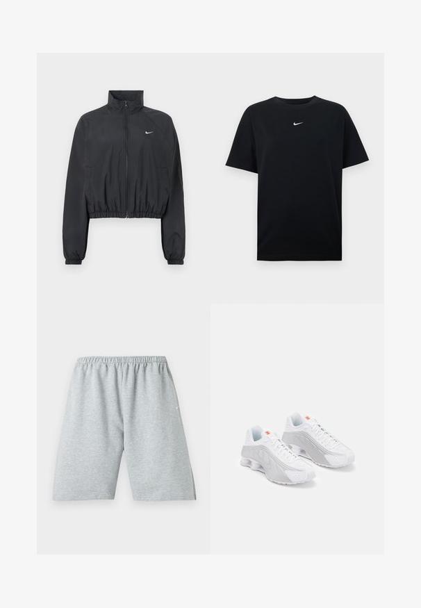 Schwarze, kurz geschnittene Jacke aus leichtem, glattem Stoff. Mit hohem Kragen, durchgehendem Reißverschluss und elastischen Bündchen mit weißem Logodetail.; Schwarzes Baumwoll-T-Shirt mit Rundhalsausschnitt und kurzen Ärmeln. Verfügt über ein kleines weißes Nike-Logo, das mittig auf der Brust platziert ist. Glatte Textur.; Hellgraue knielange Sportshorts mit elastischem Bund und kleinem weißem Logo am linken Bein.; Weiße Sportschuhe mit grauen Akzenten, die eine strukturierte Oberseite, Belüftungsperforationen und eine segmentierte Ferse für Dämpfung aufweisen.
