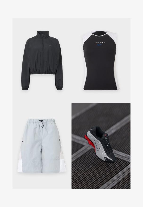 Sort cropped jakke lavet af let, glat stof. Har en høj krave, fuld lynlås og elastiske manchetter med en hvid logodetalje.; Ærmeløs sort og hvid træningstop med teksten "NIKE SHOX" og blå Nike swoosh-logo centreret på brystet.; Lysegrå atletikshorts med hvide sidepaneler, elastisk linning og sort snor, vist på en ensfarvet baggrund.; Sort og grå atletisk sko med rød polstret sål, sorte snørebånd og swoosh-logo hvilende på metalgitteroverflade.
