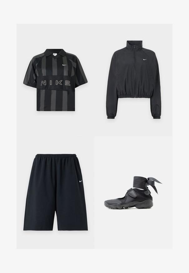 Veste courte noire en tissu léger et lisse. Comprend un col montant, une fermeture éclair intégrale et des poignets élastiques avec un détail logo blanc.; Polo Nike manches courtes à rayures verticales noires et gris foncé, col, virgule Nike blanche et grand texte NIKE sur la poitrine.; Short de sport noir Nike avec taille élastique et petit logo blanc Swoosh sur la cuisse droite, présenté sur un fond uni.; Chaussure de sport noire avec des découpes, des brides en velcro et un lacet autour de la cheville noué en un nœud, vue de côté sur un fond blanc.