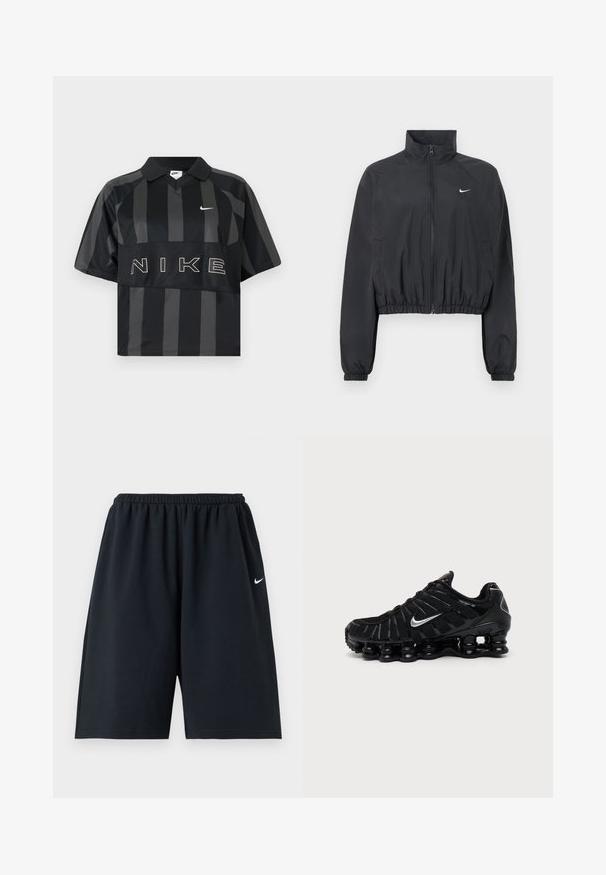 Veste courte noire en tissu léger et lisse. Comprend un col montant, une fermeture éclair intégrale et des poignets élastiques avec un détail logo blanc.; Polo Nike manches courtes à rayures verticales noires et gris foncé, col, virgule Nike blanche et grand texte NIKE sur la poitrine.; Short de sport noir Nike avec taille élastique et petit logo blanc Swoosh sur la cuisse droite, présenté sur un fond uni.; Chaussure de sport Nike noire avec logo Swoosh argenté, tige en mesh et synthétique, et semelle coussinée segmentée distinctive.