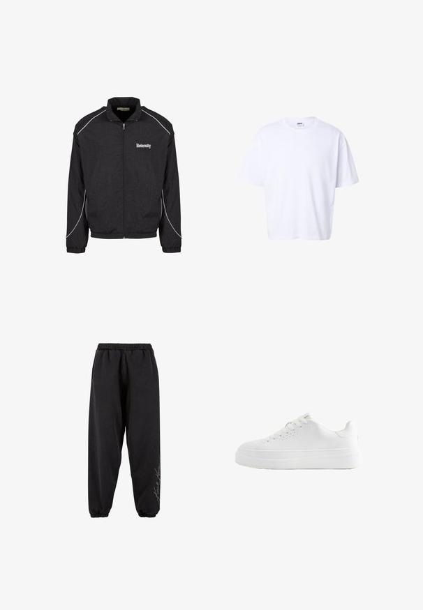 Sort zip-op jakke lavet af letvægtsmateriale, med hvide detaljer, ribbede manchetter og et logo på venstre side.; Hvidt bomulds-T-shirt med korte ærmer, rund hals, løs pasform og Urban Classic-mærke inde i kraven.; Sorte sweatpants lavet af blødt stof med elastisk talje. Taperede ankler og trykt tekstdetalje på den ene side. Casual, afslappet pasform.; Hvid lavtop sneaker med tyk sål, snørebånd foran og små ventilationshuller på siden, vist i profil.
