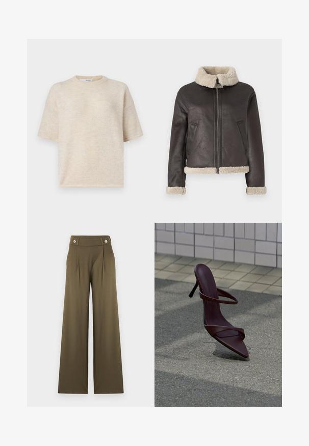 Brun læderjakke med lynlås, cremefarvet faux fur krave og manchetter, med siden lomme. Glat tekstur med en cropped design.; Kortærmet beige striktrøje med rund halsudskæring, blød tekstur og afslappet pasform. Har subtile farvevariationer i hele stoffet.; Højttaljede, vide bukser i olivengrøn med to forreste folder og knappedetaljer på linningen.; Mørkebrune højhælede sandaler med tynde stropper, der svæver over grå asfalt nær en flisebelagt væg.