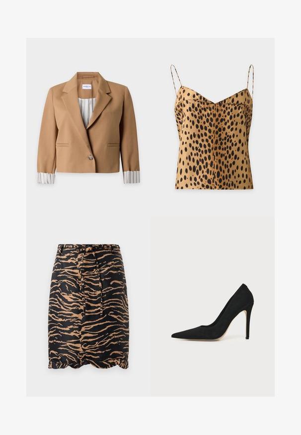 Lys brun cropped blazer med en enkelt knap, notch-krave og stribet foer synligt på de optrukne ærmer og indvendigt.; Brun ærmeløs satin top med sorte uregelmæssige pletter og tynde skulderstropper, vist mod en ensartet lys baggrund.; Sorte og tan tigerstribet nederdel lavet af glat stof, med en knytbar talje og et scallop-design i kanten.; Sort højhælet stiletpump med spids tå og glat tekstur, vist fra siden på en ensfarvet lys baggrund.